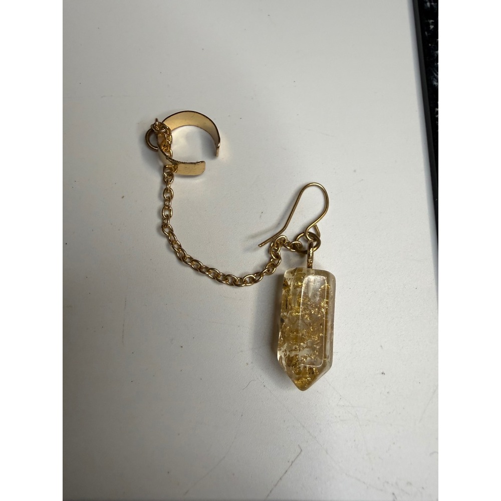 Gold Tone Ear Cuff Chain Earring Resin Gold Leaf Flake Crystal Point Pendant